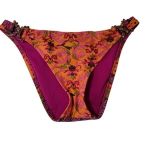 Becca By Rebecca V Women's Bikini Bottom Sz S Orange Floral Beaded Coquette Sexy